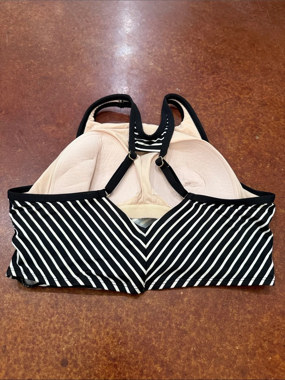 Kona Sol Black & White Striped High-Neck Bikini Top with Front Knot